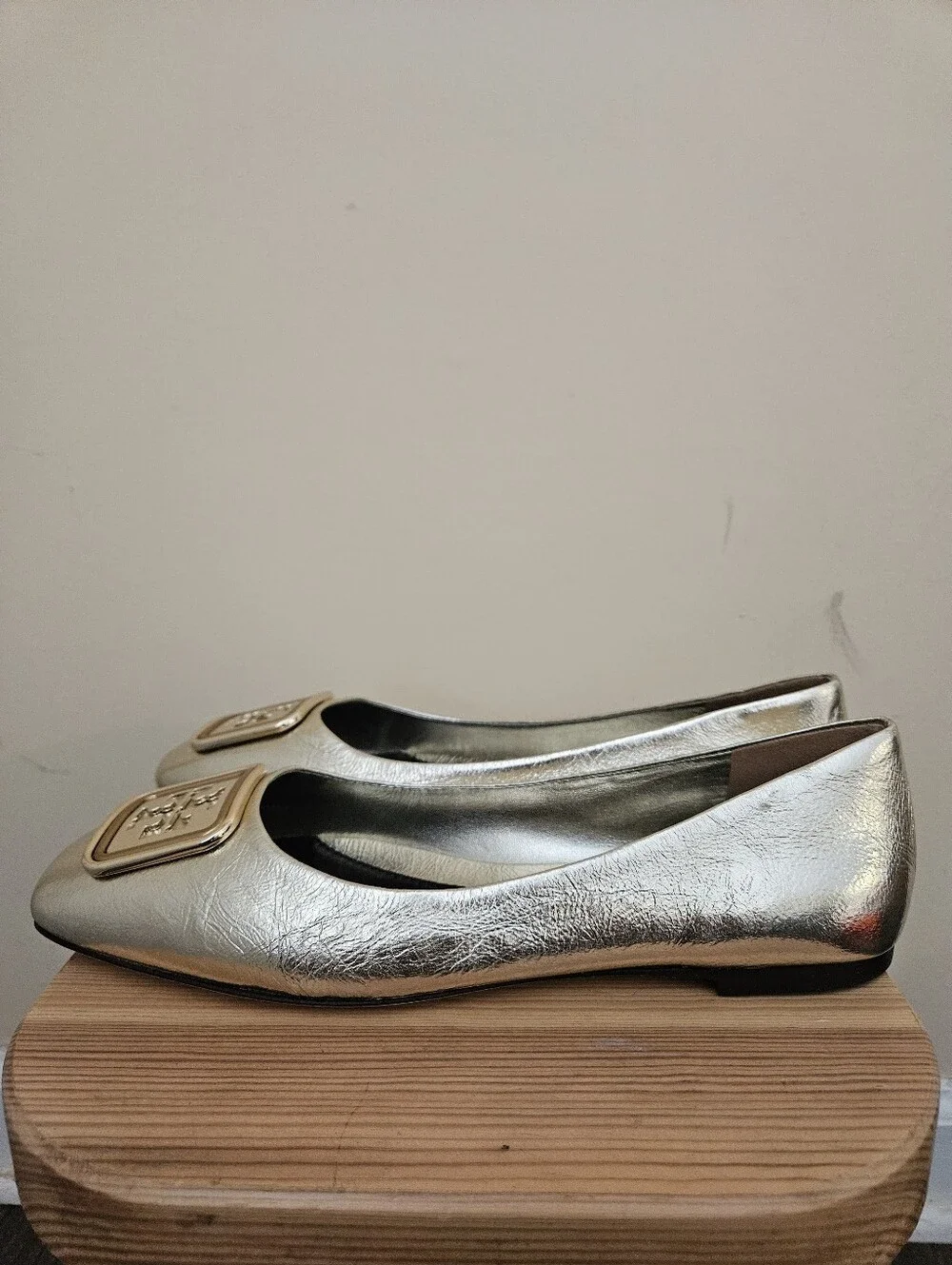 Tory Burch Metallic Gold Square-Toe Flats with Logo Plaque, Size 9
